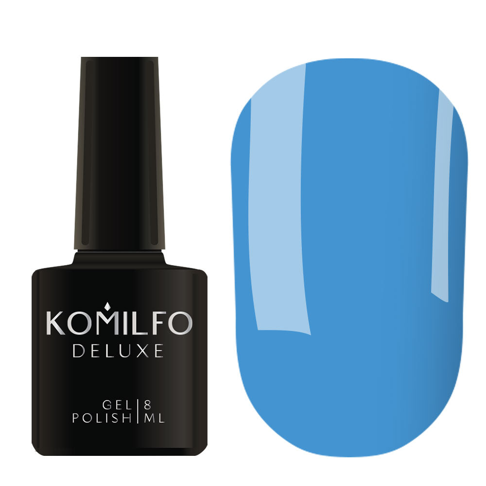 Komilfo Deluxe Gel Polish 8ml K016 Blue Neon (Kaleidoscopic) bottle and swatch (Intense Medium Sky Blue)
