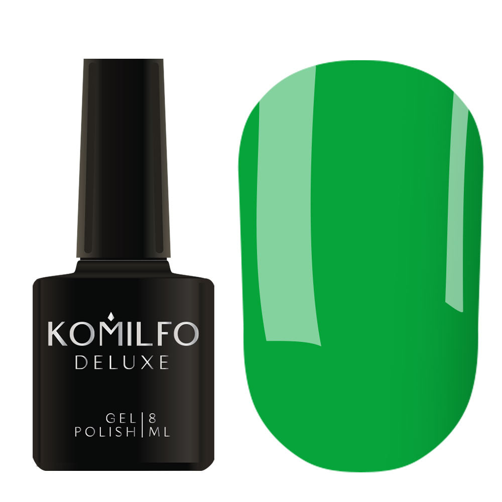 Komilfo Deluxe Gel Polish 8ml K017 Green Neon (Kaleidoscopic) bottle and swatch (Intense True Green)