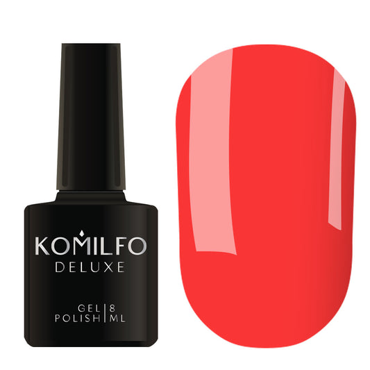 Komilfo Deluxe Gel Polish 8ml K021 Bright Coral Neon (Kaleidoscopic) bottle and swatch (Intense Electric Coral-Red)