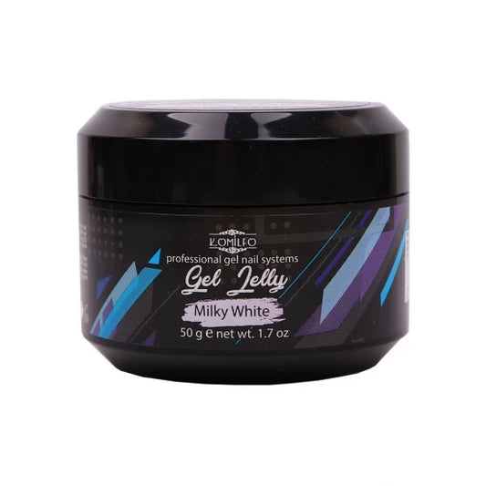 Komilfo Gel Jelly Milky White 50g professional jar, a thick viscosity opaque milky white hard builder gel for sculpting non-runny nail extensions.