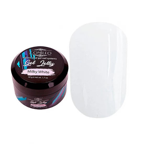 Komilfo Gel Jelly Milky White 50g professional jar, a thick viscosity opaque milky white hard builder gel for sculpting non-runny nail extensions.