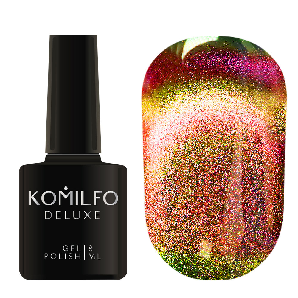 Komilfo 9D Cat’s Eye 8ml 9D001 bottle and swatch (Coral orange multi-chrome magnetic gel polish) 