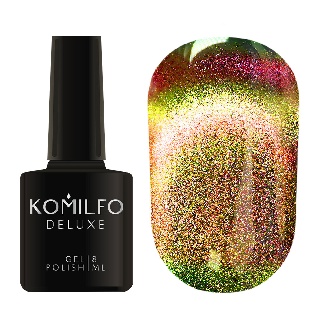 Komilfo 9D Cat’s Eye 8ml 9D002 bottle and swatch (Light green-gold multi-chrome magnetic gel polish) 