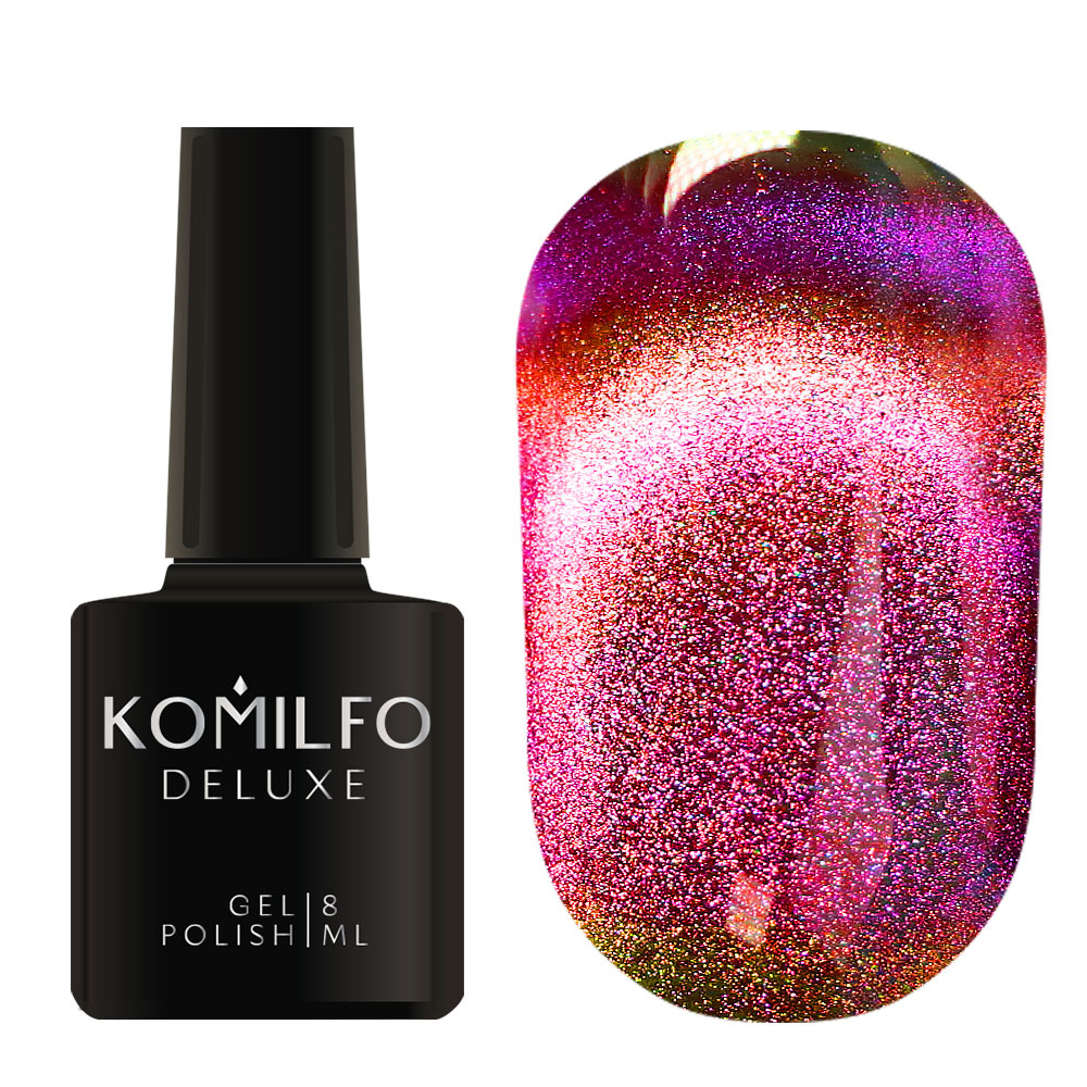 Komilfo 9D Cat’s Eye 8ml 9D003 bottle and swatch (Purple-copper multi-chrome magnetic gel polish)
