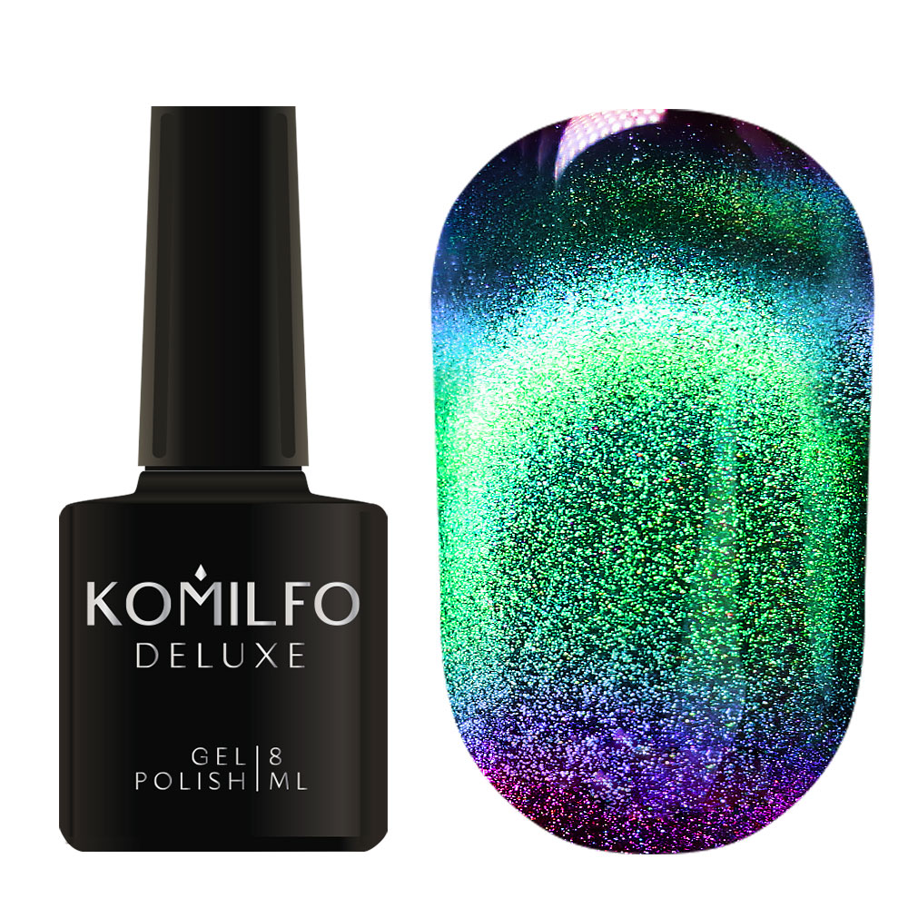 Komilfo 9D Cat’s Eye 8ml 9D005 bottle and swatch (Emerald-wine multi-chrome magnetic gel polish)