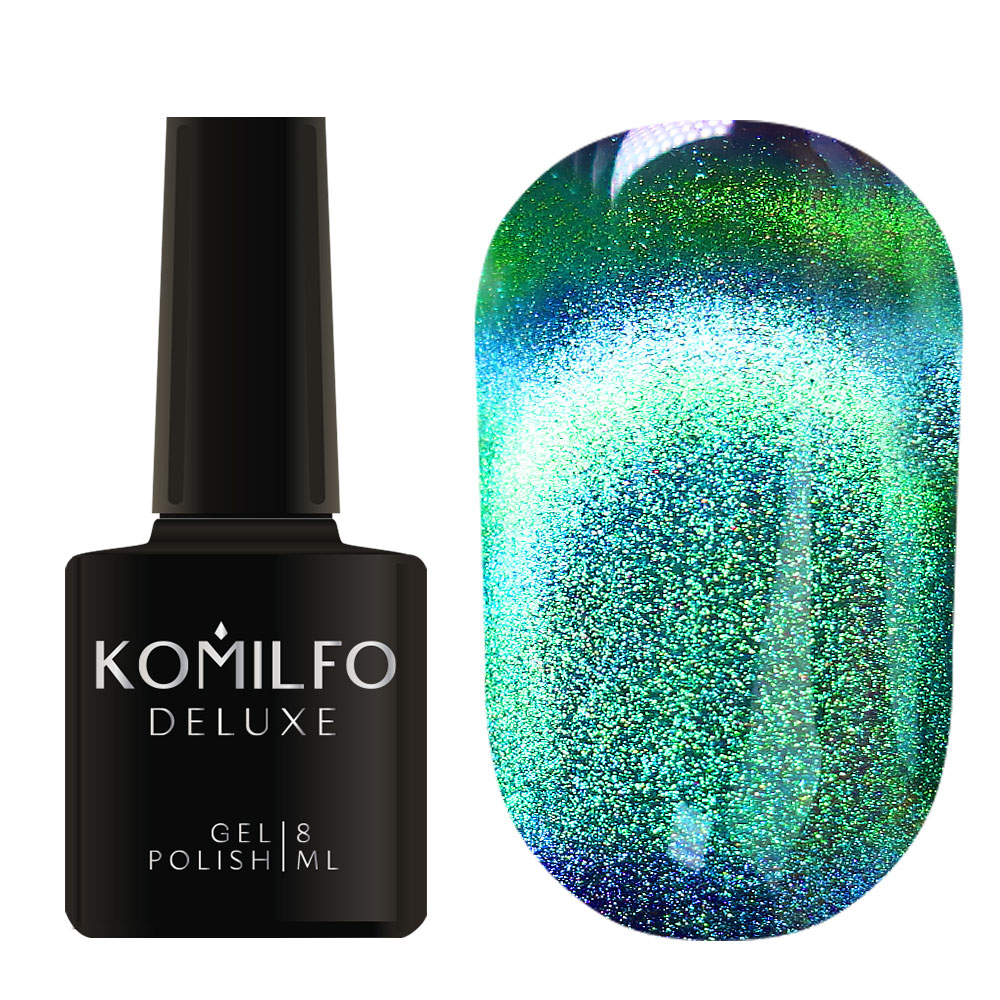 Komilfo 9D Cat’s Eye 8ml 9D006 bottle and swatch (Turquoise green multi-chrome magnetic gel polish)