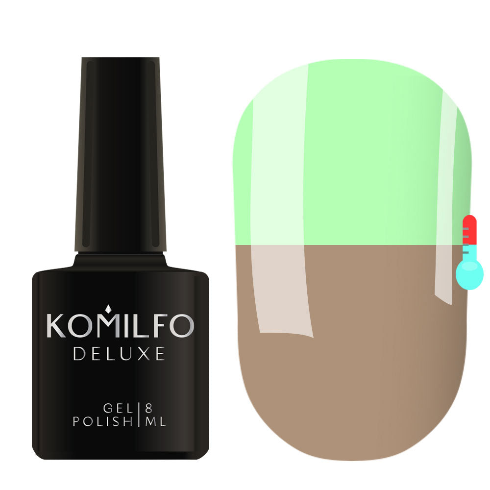 Komilfo Deluxe Gel Polish 8ml C003 Thermal Light Brown to Bright Light Green swatch and bottle