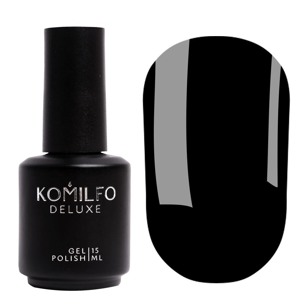 Komilfo Deluxe Gel Polish 15ml D001 Classic Black Enamel bottle and swatch