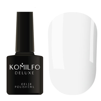 Komilfo Deluxe Gel Polish D002 White Porcelain Enamel bottle and swatch (Available in 8ml and 15ml)