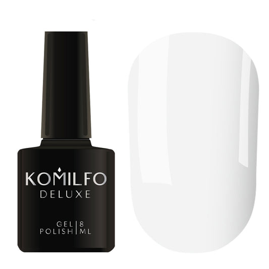 Komilfo Deluxe Gel Polish D002 White Porcelain Enamel bottle and swatch (Available in 8ml and 15ml)