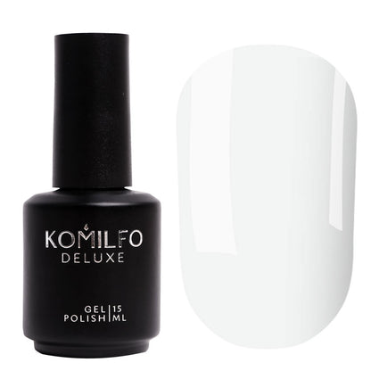 Komilfo Deluxe Gel Polish D002 White Porcelain Enamel bottle and swatch (Available in 8ml and 15ml)