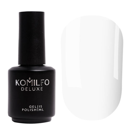 Komilfo Deluxe Gel Polish D003 Pure White Enamel bottle and swatch (Available in 8ml and 15ml)