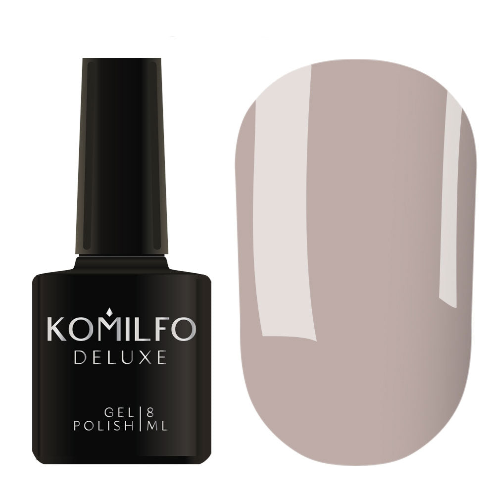Komilfo Deluxe Gel Polish D068 Muted Gray-Lilac Enamel bottle and swatch (Available in 8ml and 15ml)