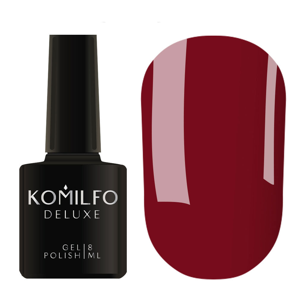 Komilfo Gel Polish Deluxe Series D089 Deep Burgundy Enamel 8ml bottle and opaque burgundy color swatch