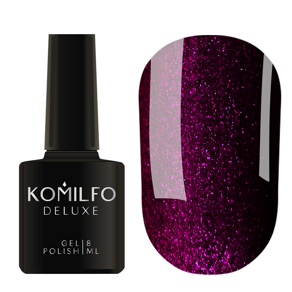 Komilfo Deluxe Gel Polish 8ml D095 Purple-Burgundy with Shimmer bottle and swatch