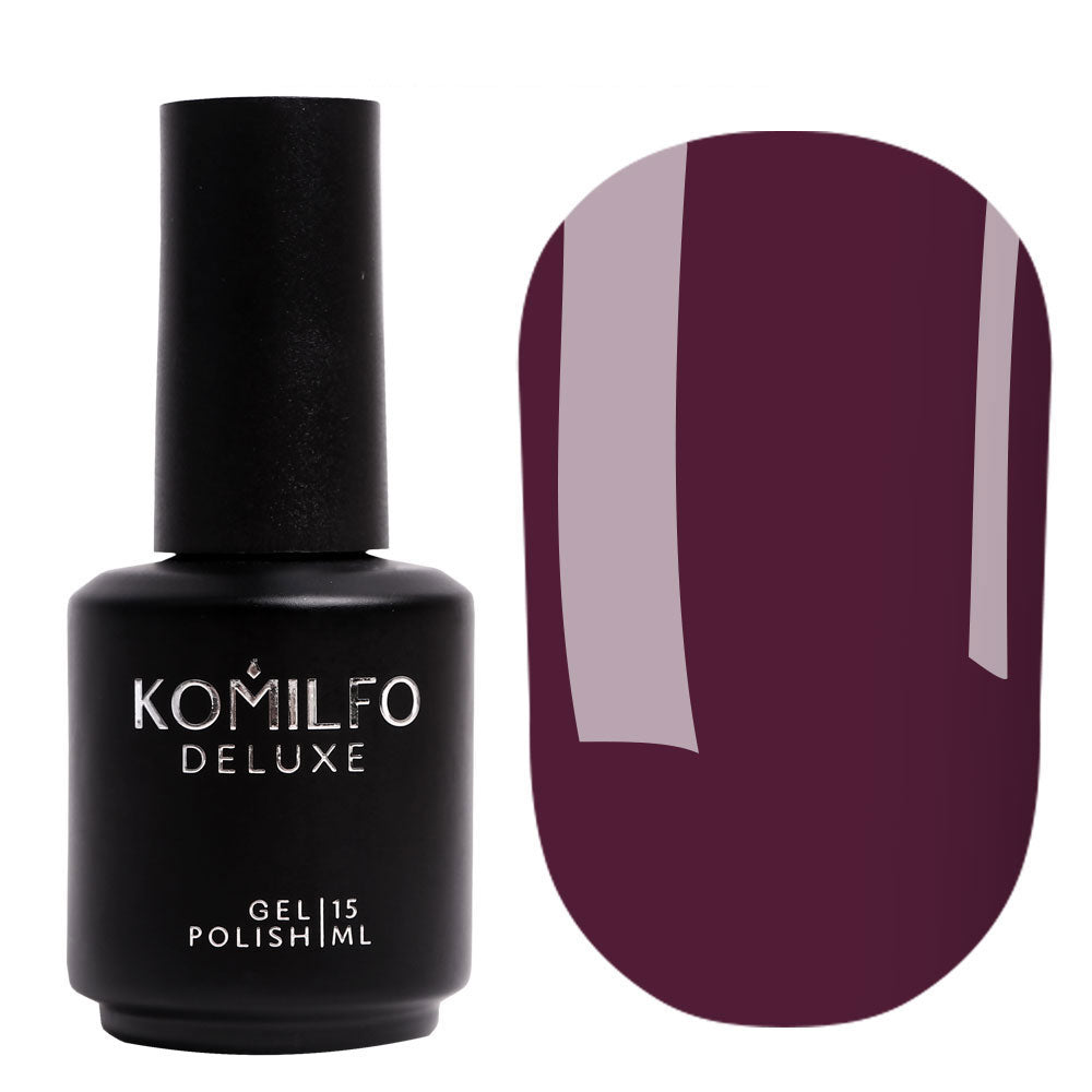 Komilfo Deluxe Gel Polish 15ml D104 Eggplant Enamel bottle and swatch