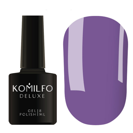 Komilfo Deluxe Gel Polish 8ml D124 Muted Blue Enamel bottle and swatch (saturated lilac)