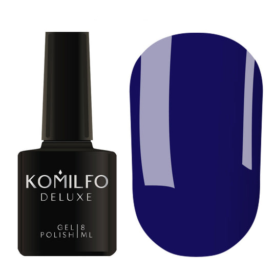 Komilfo Deluxe Gel Polish 8ml D125 Blue Enamel bottle and swatch (Deep Royal Navy)