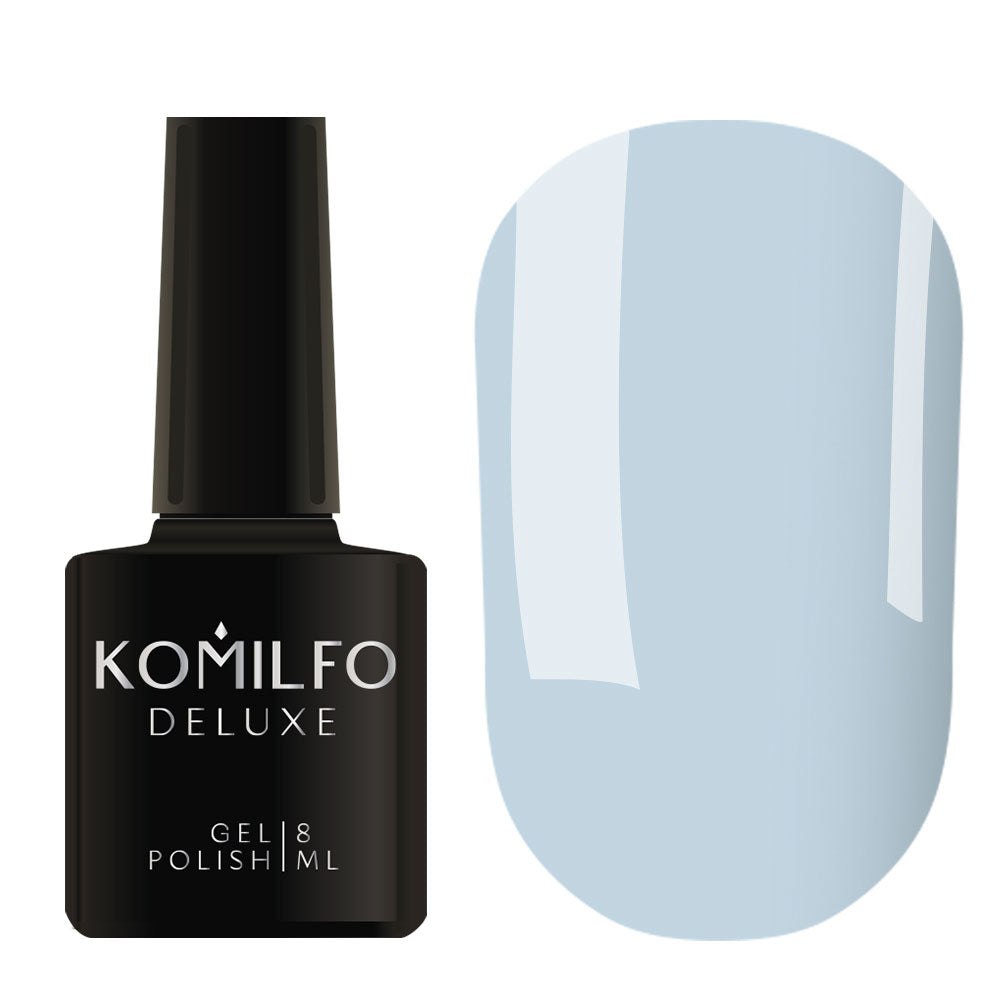Komilfo Deluxe Gel Polish 8ml D136 Pale Blue Enamel bottle and swatch (Light Pastel Sky Blue)