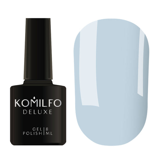 Komilfo Deluxe Gel Polish 8ml D136 Pale Blue Enamel bottle and swatch (Light Pastel Sky Blue)