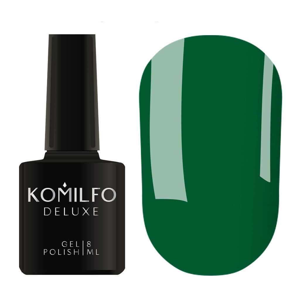 Komilfo Deluxe Gel Polish 8ml D153 Green Enamel bottle and swatch (Deep Forest Green)