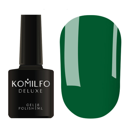 Komilfo Deluxe Gel Polish 8ml D153 Green Enamel bottle and swatch (Deep Forest Green)