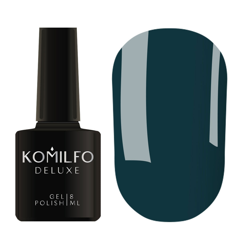 Komilfo Deluxe Gel Polish 8ml D155 Dark Jade Enamel bottle and swatch (Deep Teal Green)
