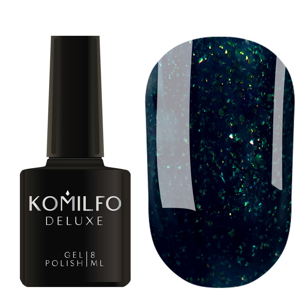 Komilfo Deluxe Gel Polish 8ml D156 Dark Jade with Shimmer (Deep Emerald Glitter) bottle and swatch