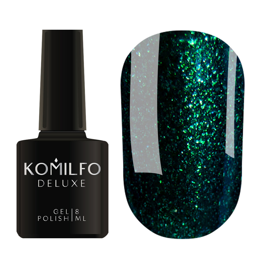 Komilfo Deluxe Gel Polish 8ml D157 Dark Bottle Green Micro Gloss Shimmer bottle and swatch