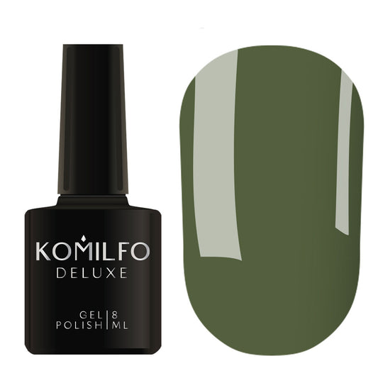Komilfo Deluxe Gel Polish D158 Khaki Green Enamel bottle and swatch (Available in 8ml and 15ml)