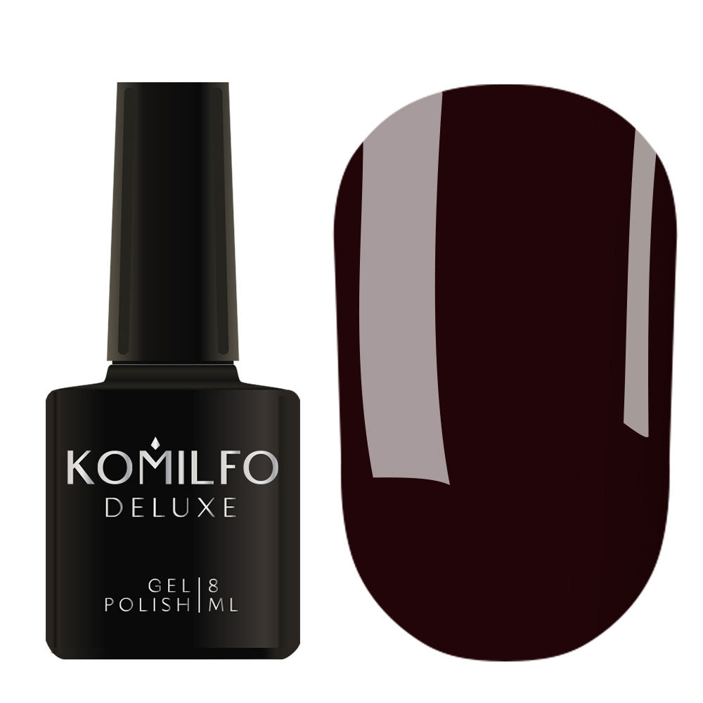 Komilfo Deluxe Gel Polish 8ml D300 Dusk Collection Maroon Black Enamel bottle and swatch