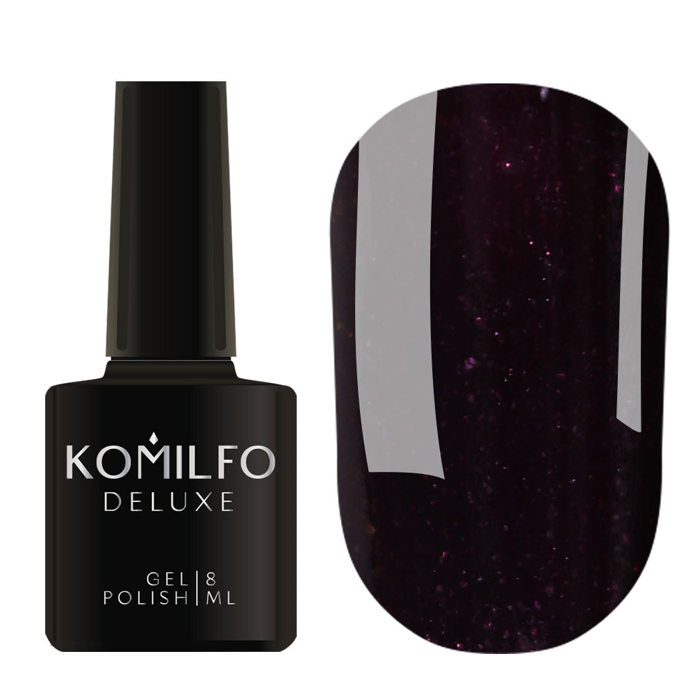 Komilfo Deluxe Gel Polish 8ml D301 Dusk Collection Black-Burgundy with Micro-Shine bottle and swatch