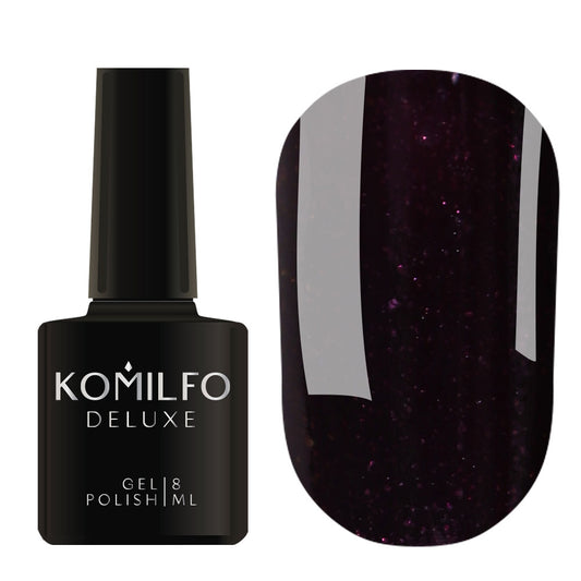 Komilfo Deluxe Gel Polish 8ml D301 Dusk Collection Black-Burgundy with Micro-Shine bottle and swatch