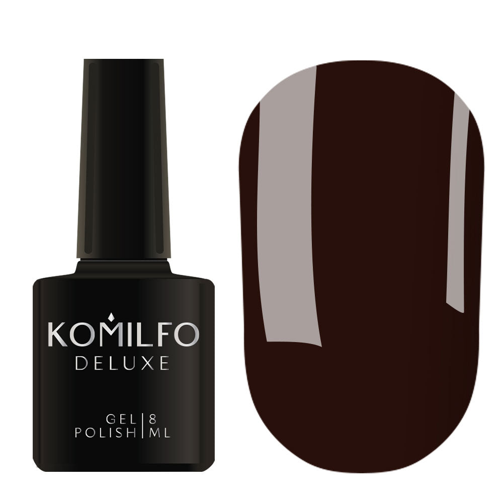Komilfo Deluxe Gel Polish 8ml D302 Dusk Collection Brown Eggplant Enamel bottle and swatch