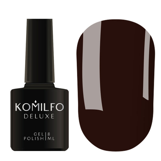 Komilfo Deluxe Gel Polish 8ml D302 Dusk Collection Brown Eggplant Enamel bottle and swatch