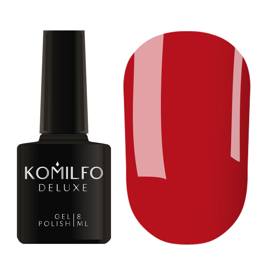 Komilfo Deluxe Gel Polish 8ml D315 Dusk Collection Carmine Red Enamel bottle and swatch