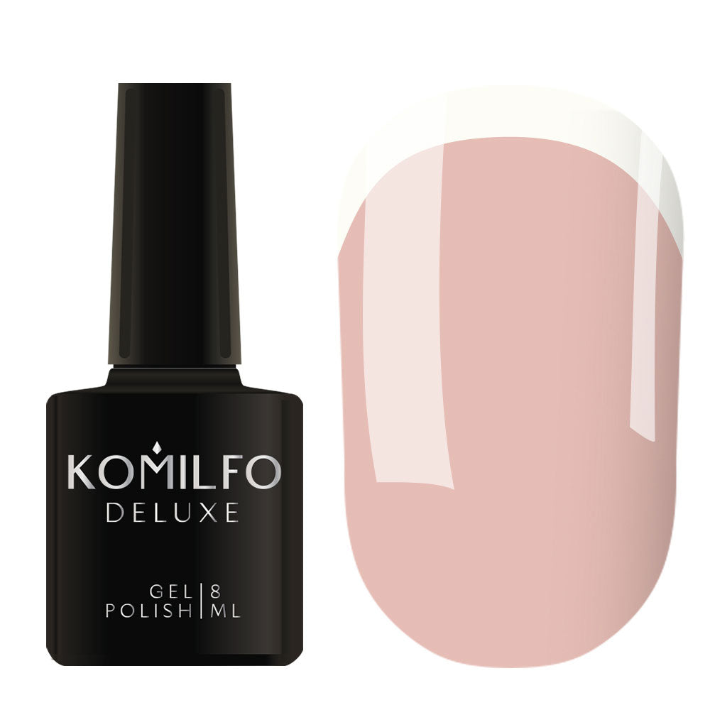 Komilfo Deluxe Gel Polish 8ml F005 Warm Beige Enamel bottle and swatch (French Manicure Base)