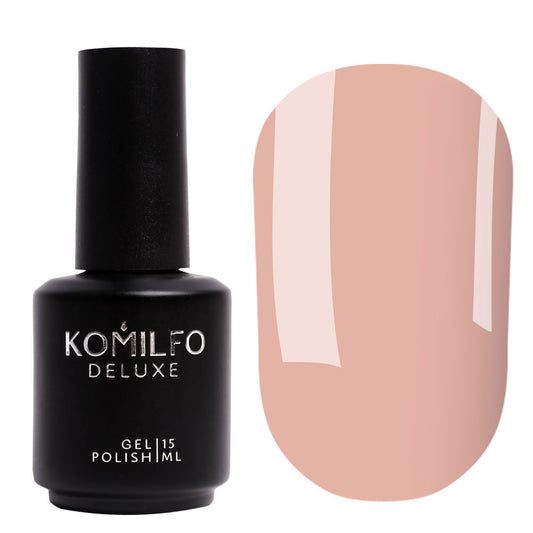 Komilfo Deluxe Gel Polish 15ml F008 Light Pastel Pink bottle and swatch (Opaque Nude French Base)