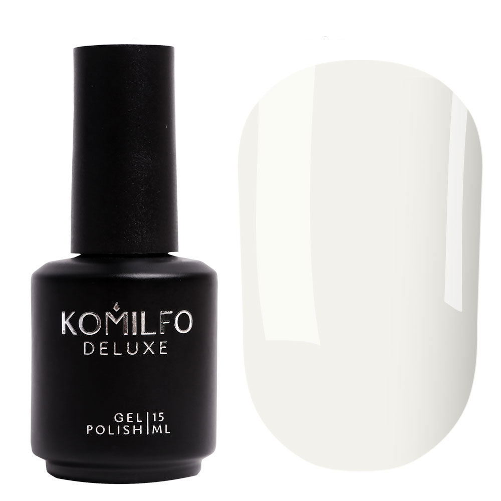 Komilfo Deluxe Gel Polish 15ml F009 Milky Enamel bottle and swatch (Soft White French Tip Polish)