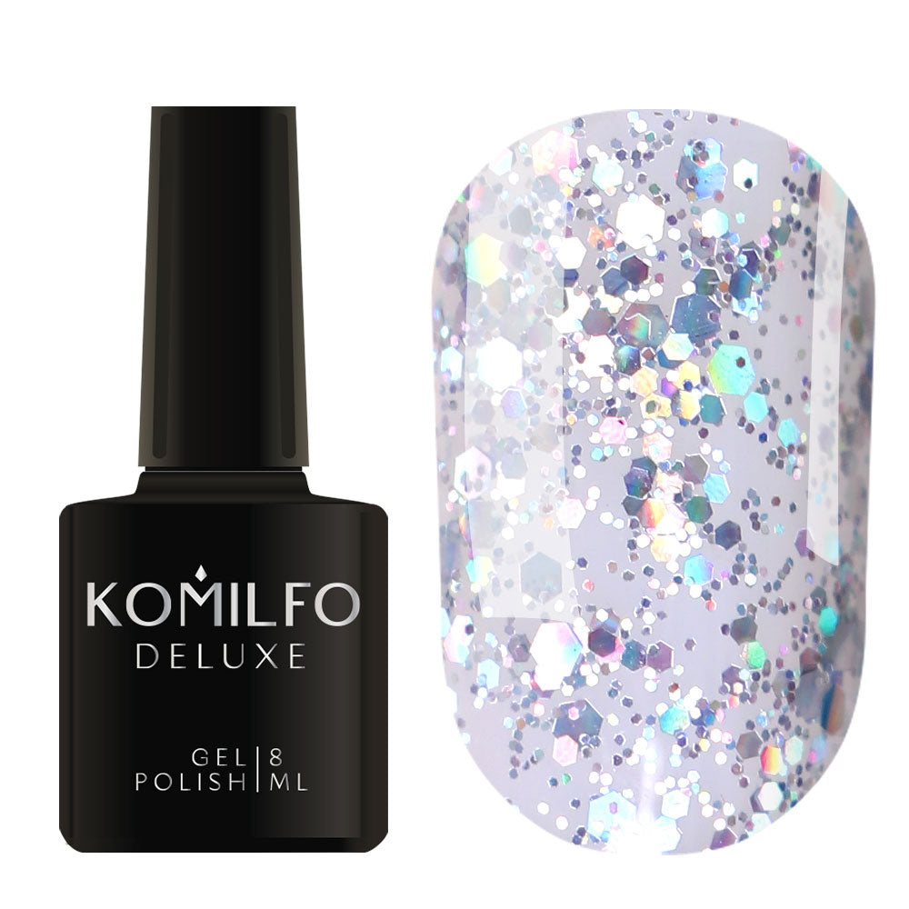 Komilfo Deluxe Gel Polish 8ml G003 Holographic Glitter bottle and swatch (Clear base with silver holographic flakes)