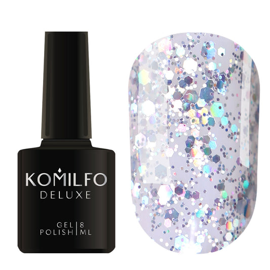 Komilfo Deluxe Gel Polish 8ml G003 Holographic Glitter bottle and swatch (Clear base with silver holographic flakes)