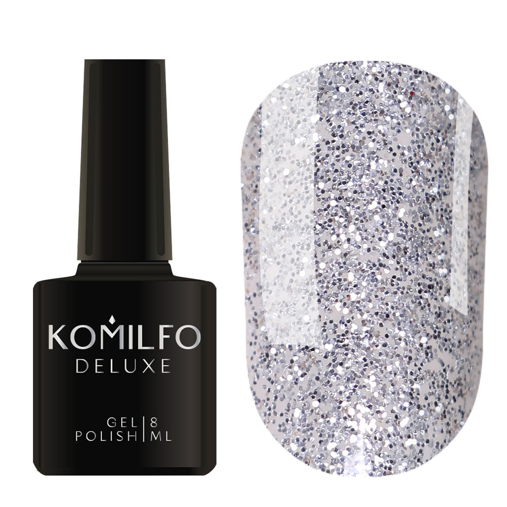 Komilfo Deluxe Gel Polish 8ml G004 Dark Silver Glitter bottle and swatch (Intense metallic silver micro-glitter)