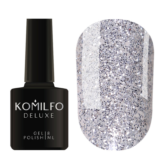 Komilfo Deluxe Gel Polish 8ml G004 Dark Silver Glitter bottle and swatch (Intense metallic silver micro-glitter)
