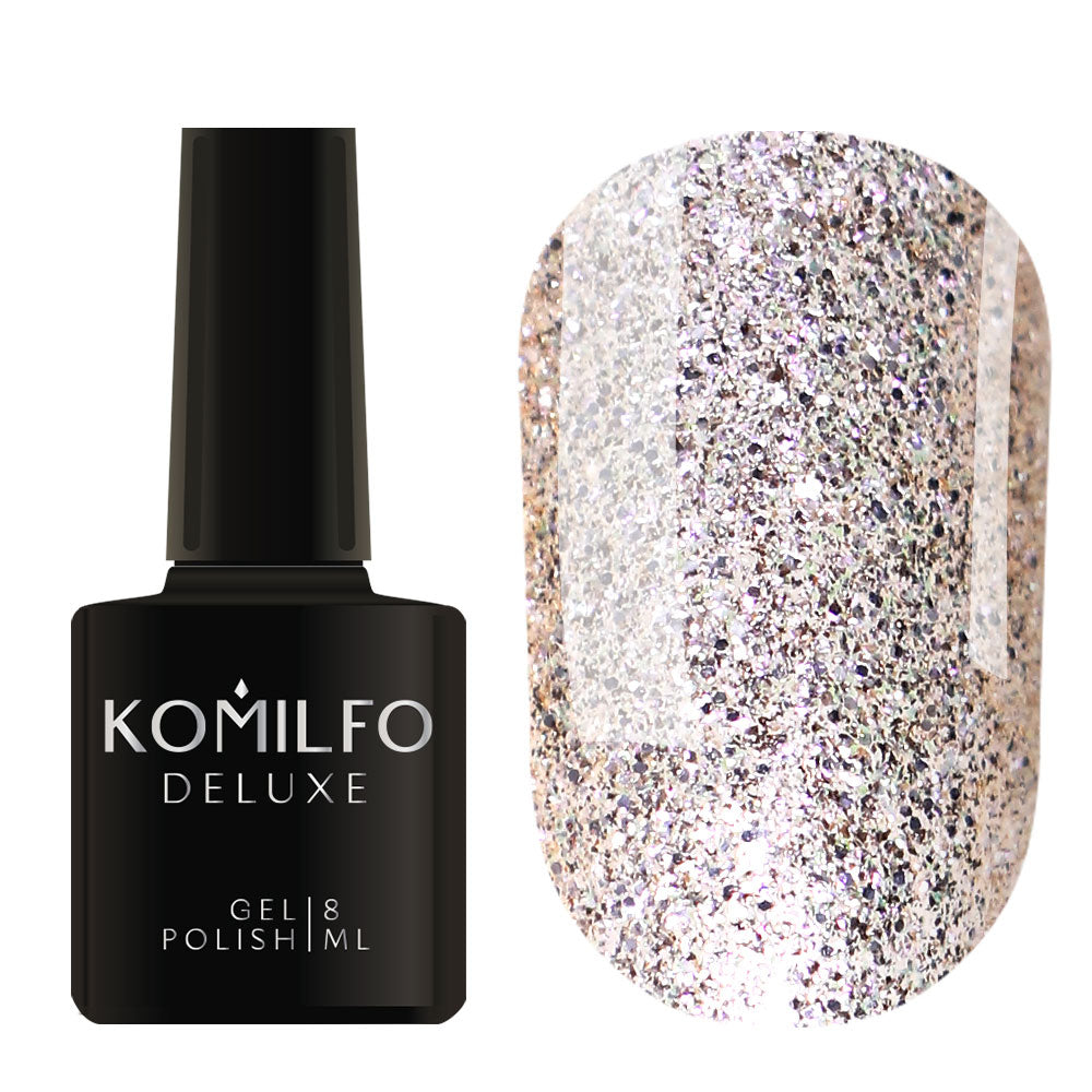 Komilfo Deluxe Gel Polish 8ml G005 Rich Light Golden Glitter bottle and swatch (Intense light gold/silver glitter with pink shimmer)