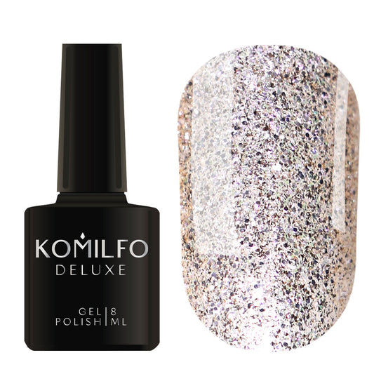 Komilfo Deluxe Gel Polish 8ml G005 Rich Light Golden Glitter bottle and swatch (Intense light gold/silver glitter with pink shimmer)