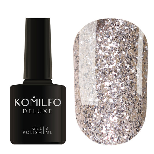 Komilfo Deluxe Gel Polish 8ml G006 Dark Silver Glitter with Golden Sheen bottle and swatch (Intense dark silver glitter with gold reflection)