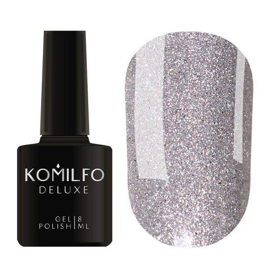 Komilfo Deluxe Gel Polish 8ml G008 Silver Holographic Glitter bottle and swatch (Intense, fine silver glitter with rainbow reflection)