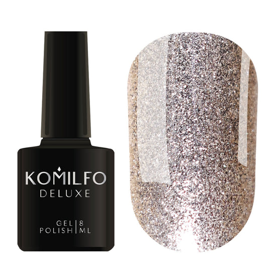 Komilfo Deluxe Gel Polish 8ml G010 White Gold Micro-Shine bottle and swatch (Intense, fine pale champagne gold glitter)