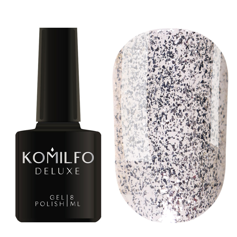 Komilfo Deluxe Gel Polish 8ml G011 White Gold Flake Glitter bottle and swatch (Large, irregular white gold/silver glitter flakes)