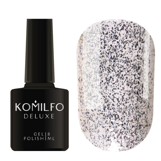 Komilfo Deluxe Gel Polish 8ml G011 White Gold Flake Glitter bottle and swatch (Large, irregular white gold/silver glitter flakes)